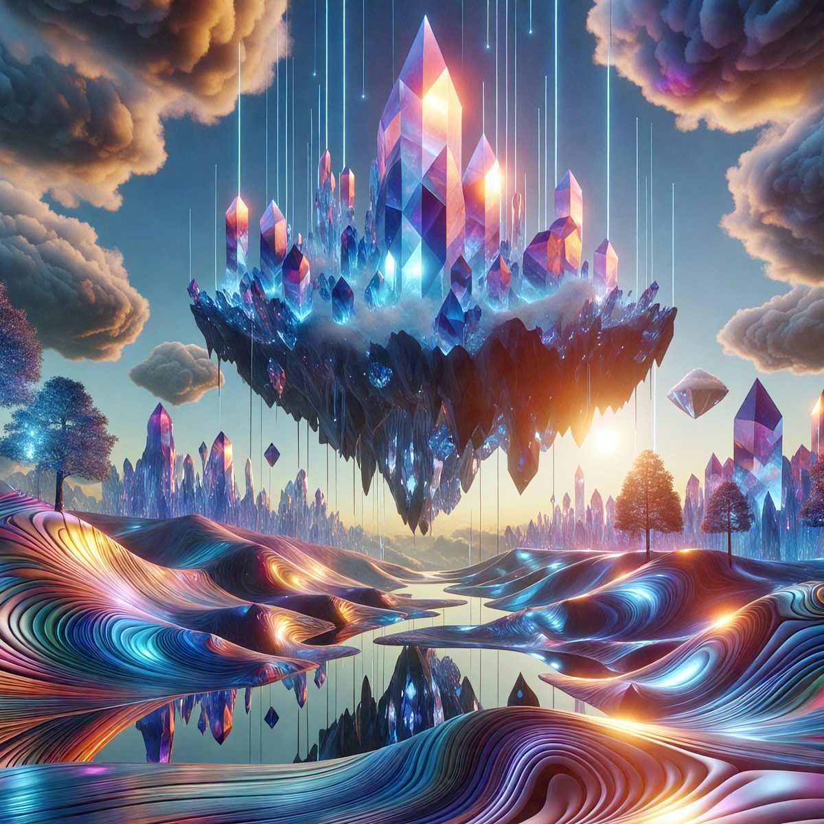 The primary subject of the image is a large, colorful, and intricate crystal palace floating in the sky. The palace is surrounded by a vibrant and lively landscape, featuring a body of water and a variety of trees. The setting appears to be a digital art or illustration, with a visually stunning and imaginative visual style. The colors and mood of the image are predominantly bright and cheerful, creating a sense of wonder and fantasy.